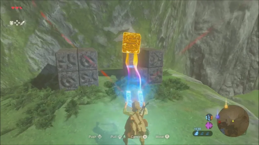 Link lifting the metal box with Magnesis between the stone blocks Link lifting the metal box with Magnesis between the stone blocks