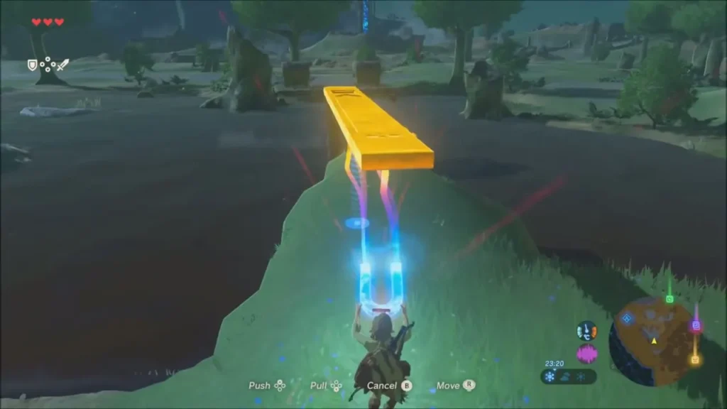 Link lifting a long metal plank with Magnesis toward the stream Link lifting a long metal plank with Magnesis toward the stream