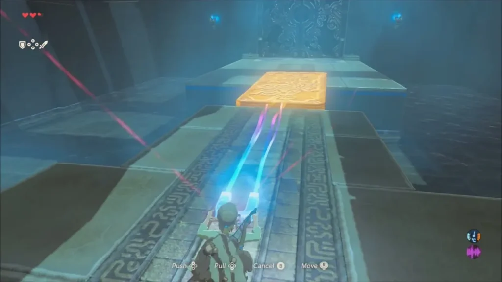 Link dragging a metal slab across a gap as a bridge Link dragging a metal slab across a gap as a bridge