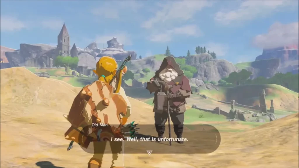 Link and the Old Man talking on the hilltop by the tower Link and the Old Man talking on the hilltop by the tower