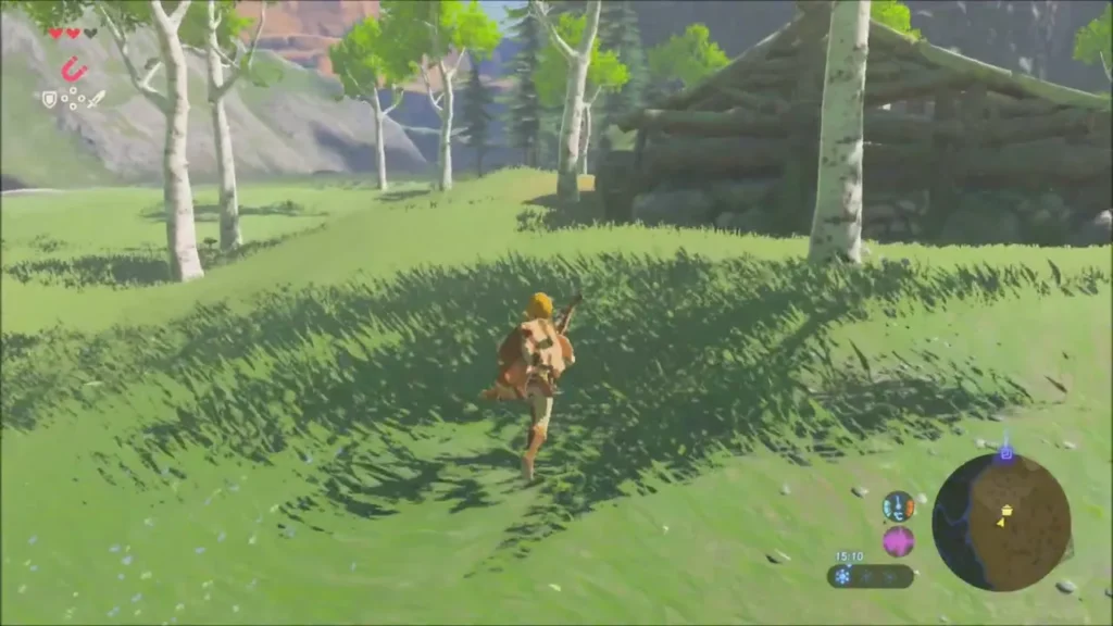 Link running toward the Old Man's log cabin Link running toward the Old Man's log cabin
