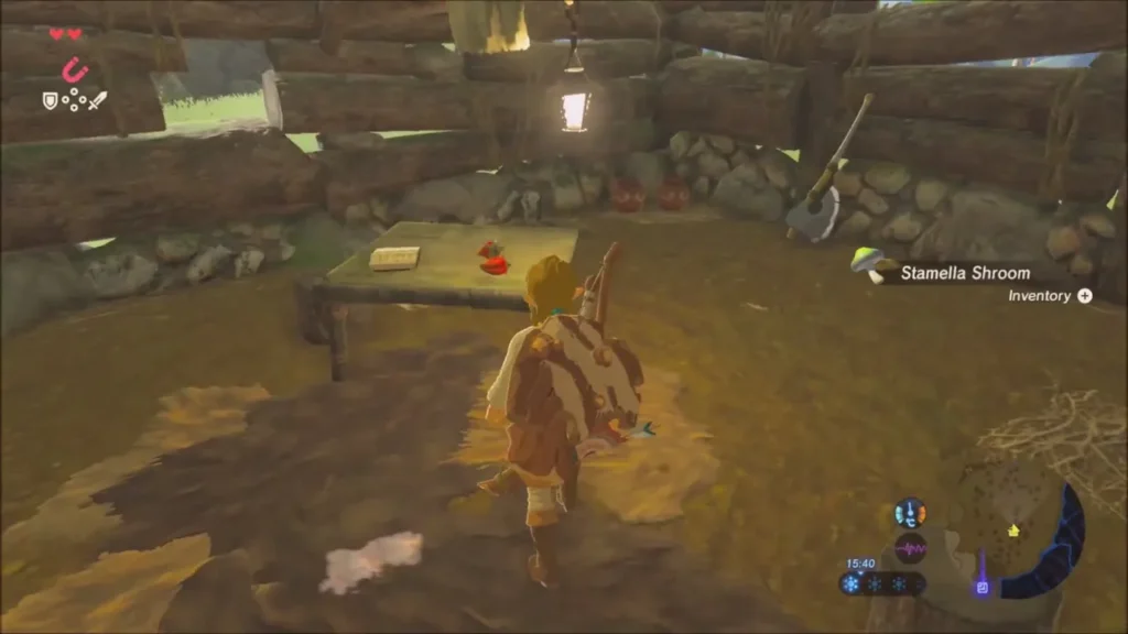 Inside the cabin with the table holding the diary and a Woodcutter's Axe on the wall Inside the cabin with the table holding the diary and a Woodcutter's Axe on the wall
