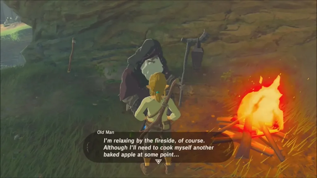 Link talking with the Old Man beside his campfire under the overhang Link talking with the Old Man beside his campfire under the overhang