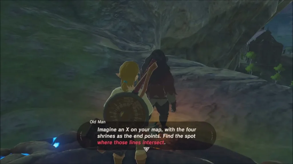 Old Man asking Link to imagine an X on the map joining the four shrines Old Man asking Link to imagine an X on the map joining the four shrines
