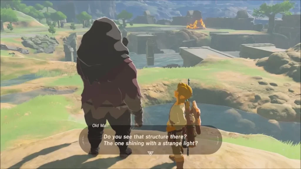 Old Man and Link looking out over the plateau toward the glowing structure Old Man and Link looking out over the plateau toward the glowing structure