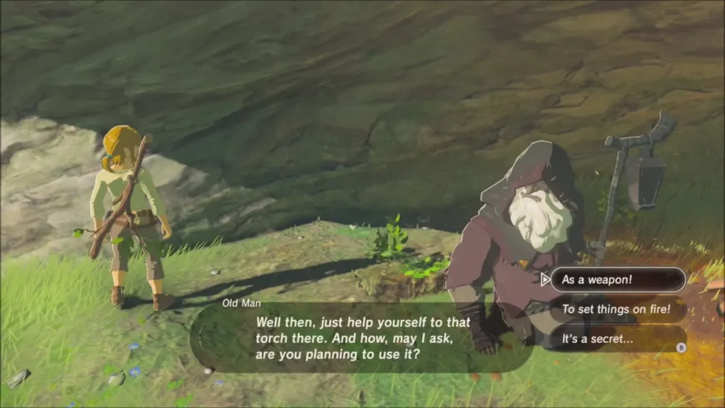 Old Man offering Link the torch hanging by the fire Old Man offering Link the torch hanging by the fire