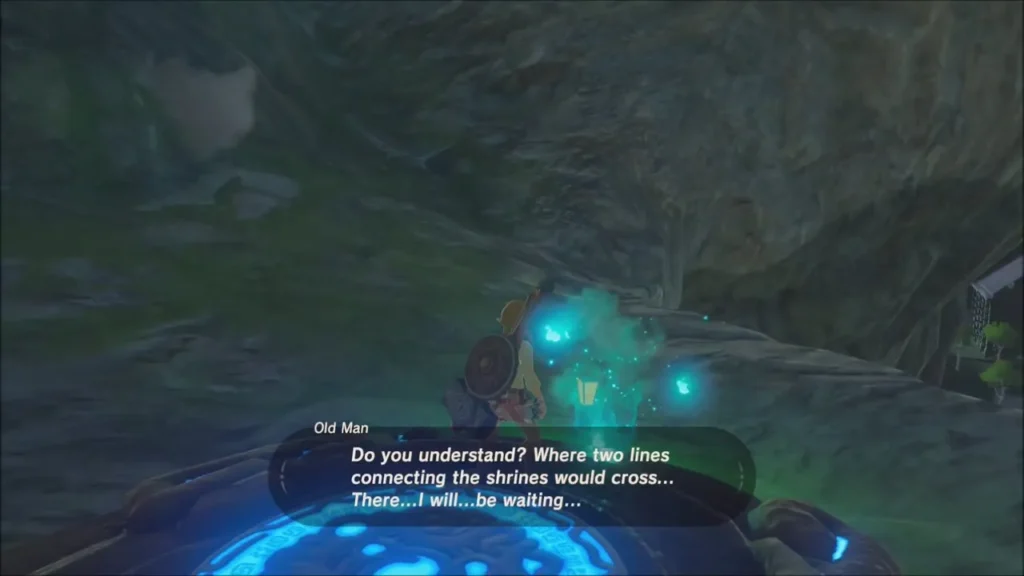Old Man vanishing in a glow beside the shrine warp pad Old Man vanishing in a glow beside the shrine warp pad