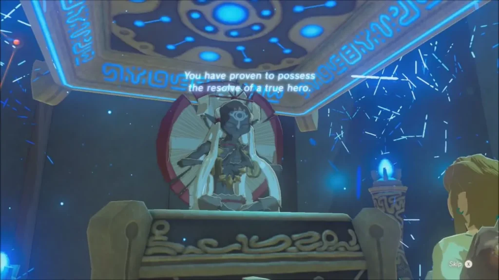 The monk Oman Au seated on his throne, speaking to Link The monk Oman Au seated on his throne, speaking to Link