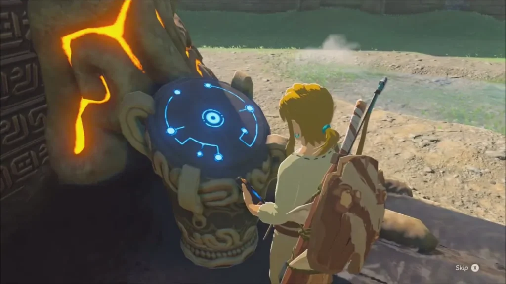 Link registering the shrine Travel Gate on the Sheikah Slate terminal Link registering the shrine Travel Gate on the Sheikah Slate terminal