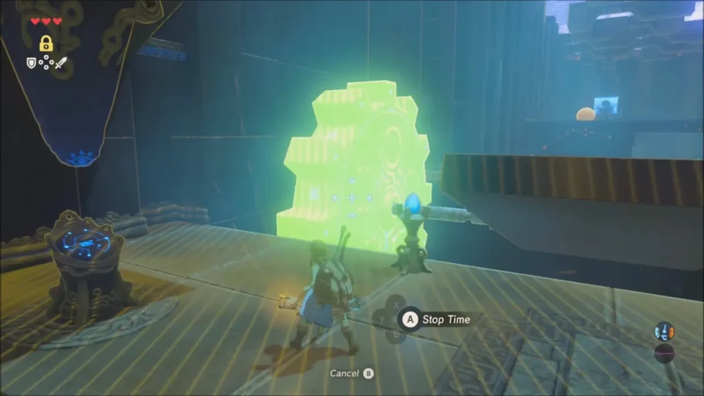 Link freezing the big gear with Stasis to cross the platform Link freezing the big gear with Stasis to cross the platform