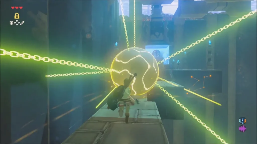 A boulder frozen in time with Stasis chains as Link runs the ramp A boulder frozen in time with Stasis chains as Link runs the ramp