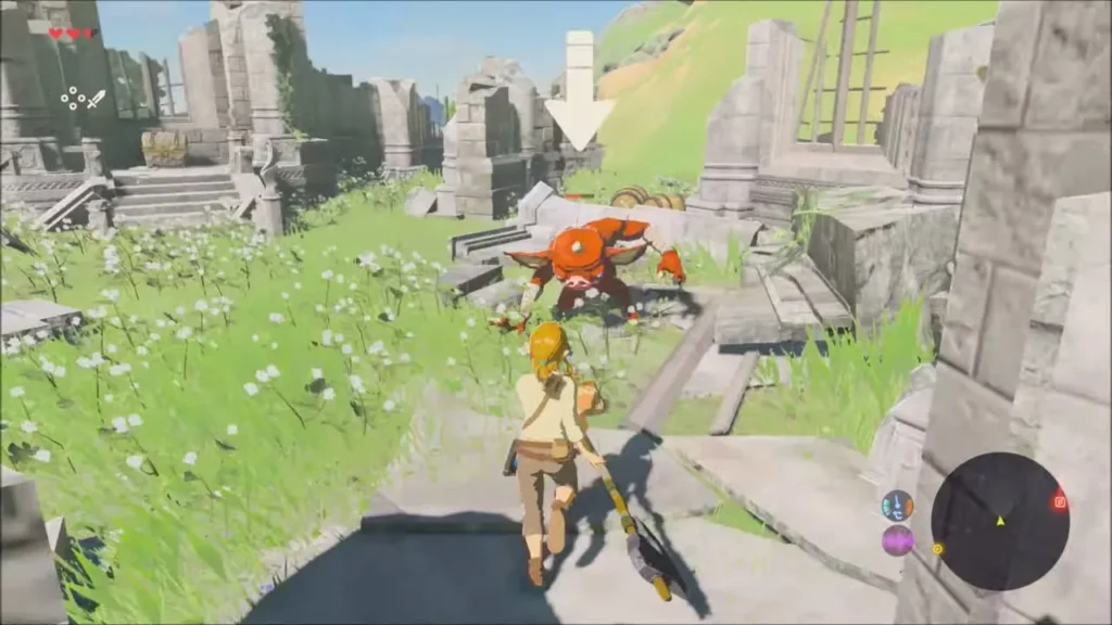 Link approaching a red Bokoblin among the ruins Link approaching a red Bokoblin among the ruins