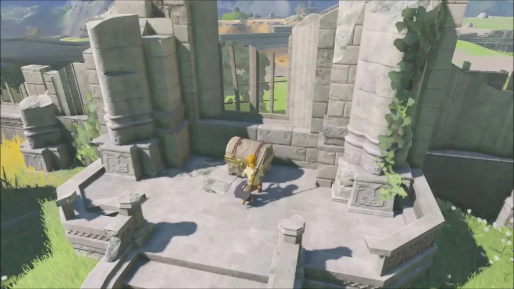 Link opening the chest on the stone platform Link opening the chest on the stone platform