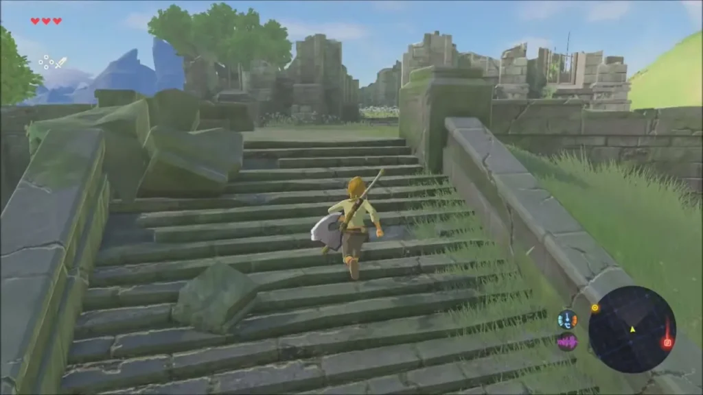 Link running up the crumbling stair into the ruins Link running up the crumbling stair into the ruins