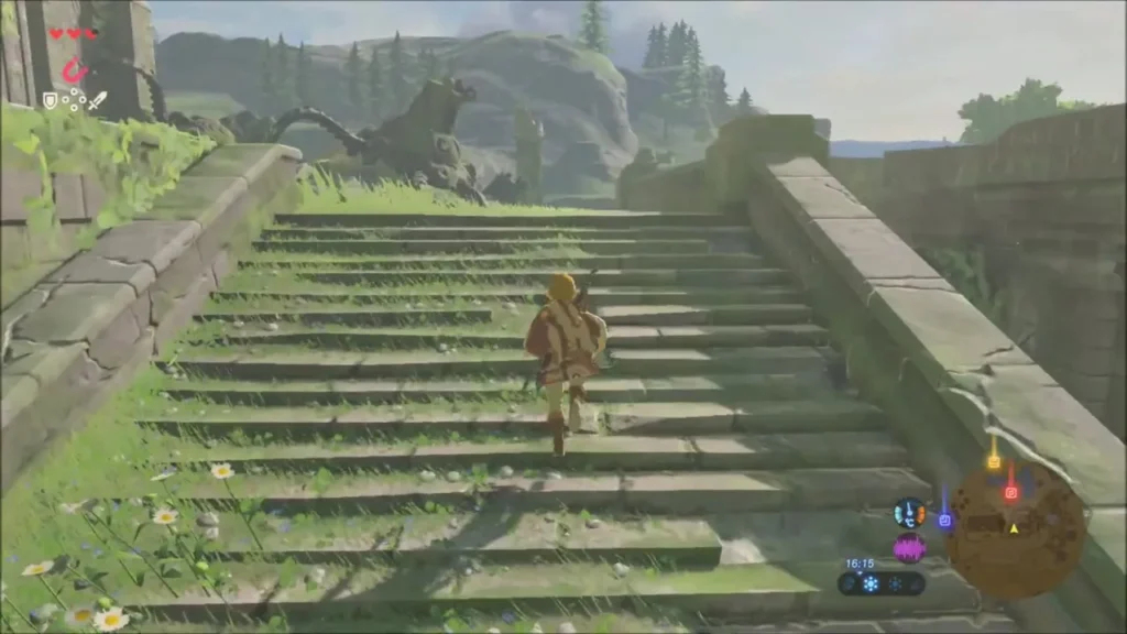 Link climbing the stone staircase through the ruins Link climbing the stone staircase through the ruins