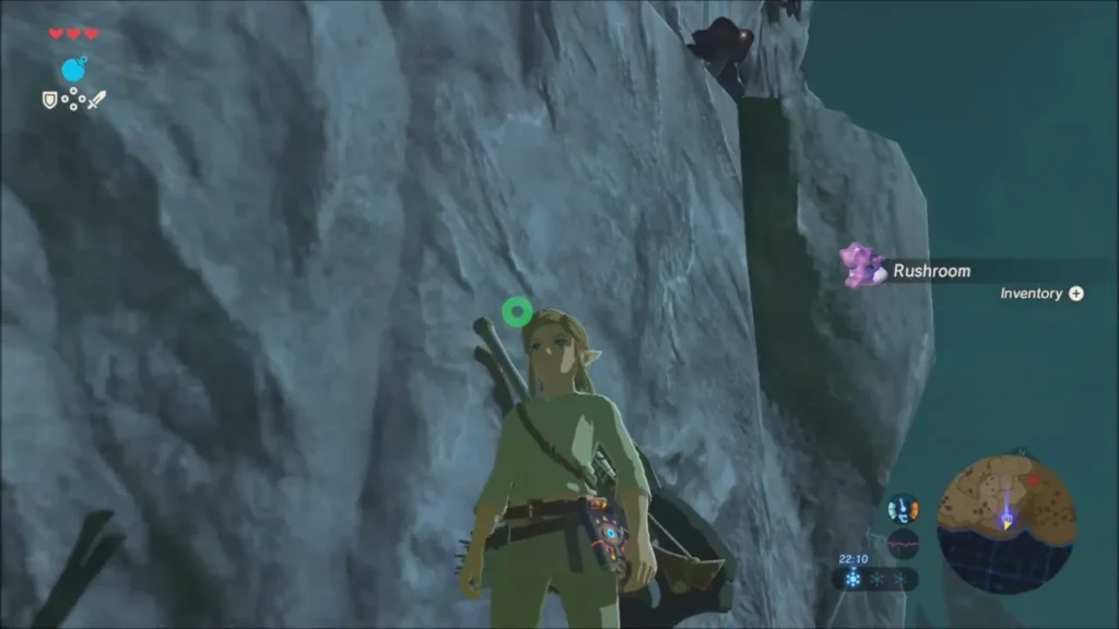 Link on the rock wall picking up a Rushroom Link on the rock wall picking up a Rushroom