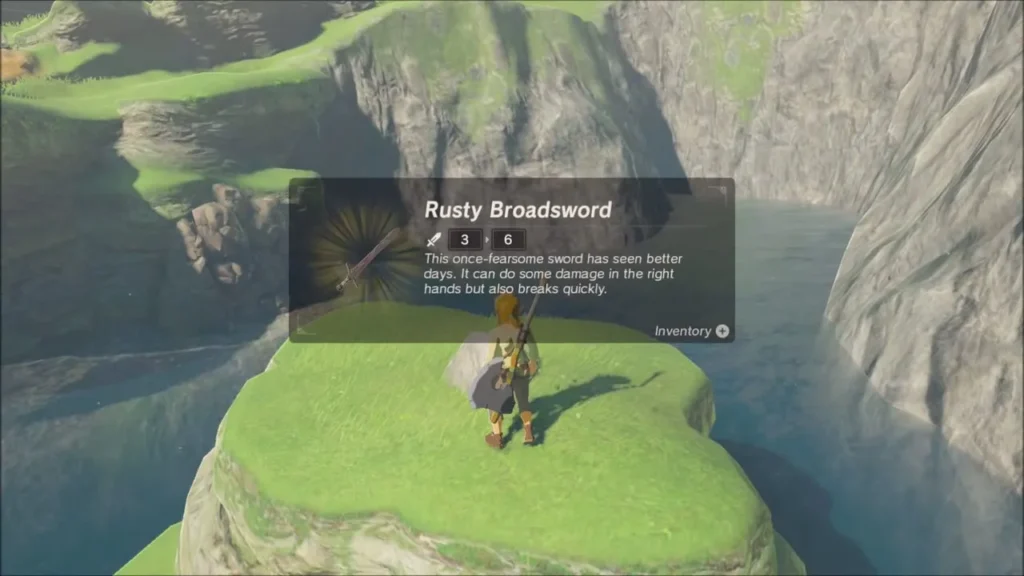 Link on the islet with the Rusty Broadsword item box Link on the islet with the Rusty Broadsword item box