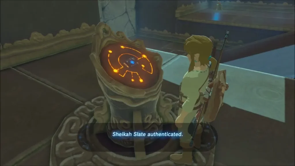 Link at the pedestal as the Sheikah Slate is authenticated Link at the pedestal as the Sheikah Slate is authenticated