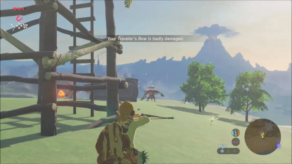 Link aiming a bow at a Bokoblin beside the lookout tower Link aiming a bow at a Bokoblin beside the lookout tower