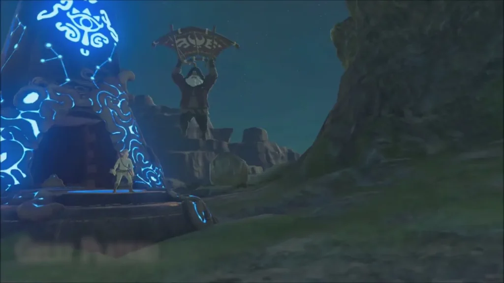 Link at the shrine entrance with the Old Man's glider-holding statue behind Link at the shrine entrance with the Old Man's glider-holding statue behind