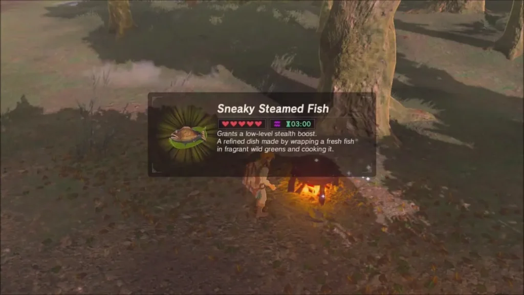 Sneaky Steamed Fish item box beside Link at the campfire Sneaky Steamed Fish item box beside Link at the campfire