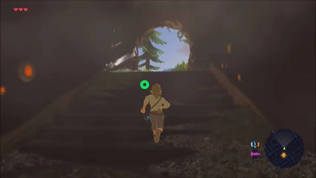 Link running up the dark stairs toward the bright opening Link running up the dark stairs toward the bright opening