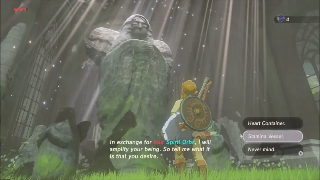 Goddess Statue dialog offering the Stamina Vessel for four Spirit Orbs Goddess Statue dialog offering the Stamina Vessel for four Spirit Orbs