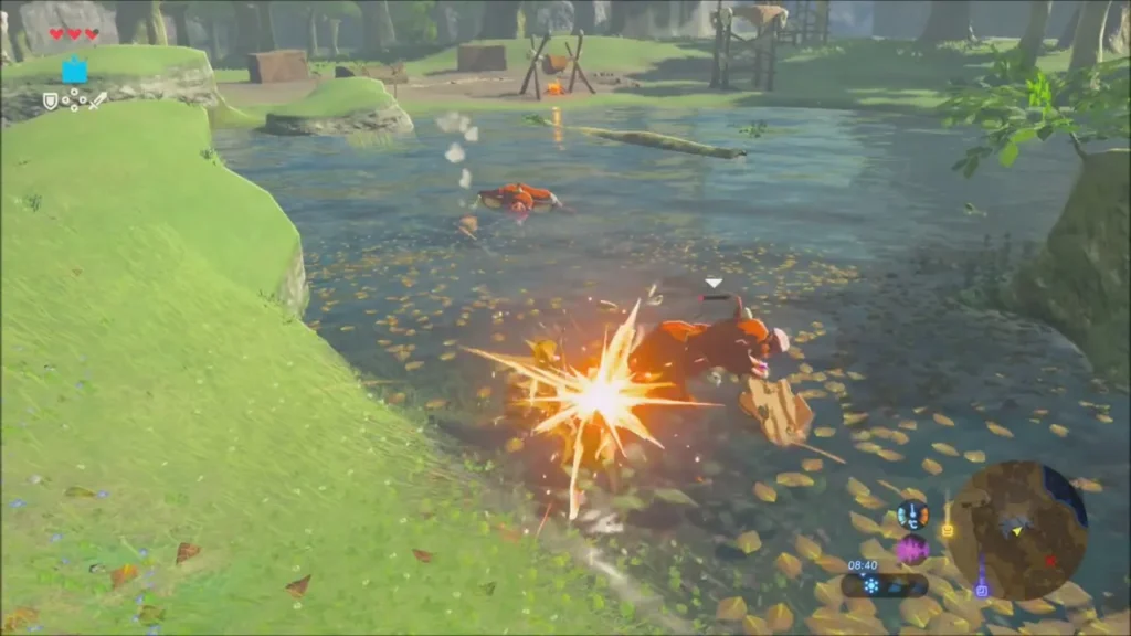 An arrow striking a Bokoblin in the stream before the crossing An arrow striking a Bokoblin in the stream before the crossing