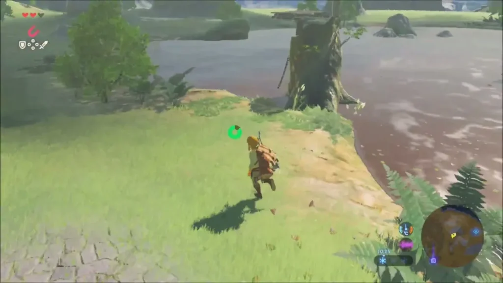 Link approaching a chained tree stump at the edge of a stream Link approaching a chained tree stump at the edge of a stream
