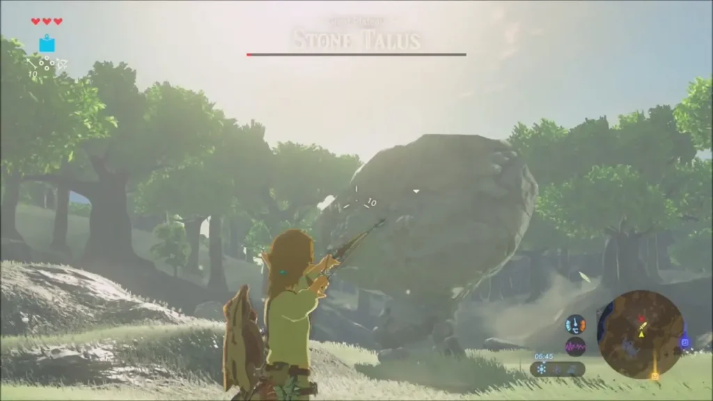 Link aiming a bow at the rising Stone Talus Link aiming a bow at the rising Stone Talus