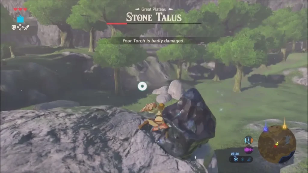 Link on top of the Stone Talus beside the dark ore deposit on its back Link on top of the Stone Talus beside the dark ore deposit on its back