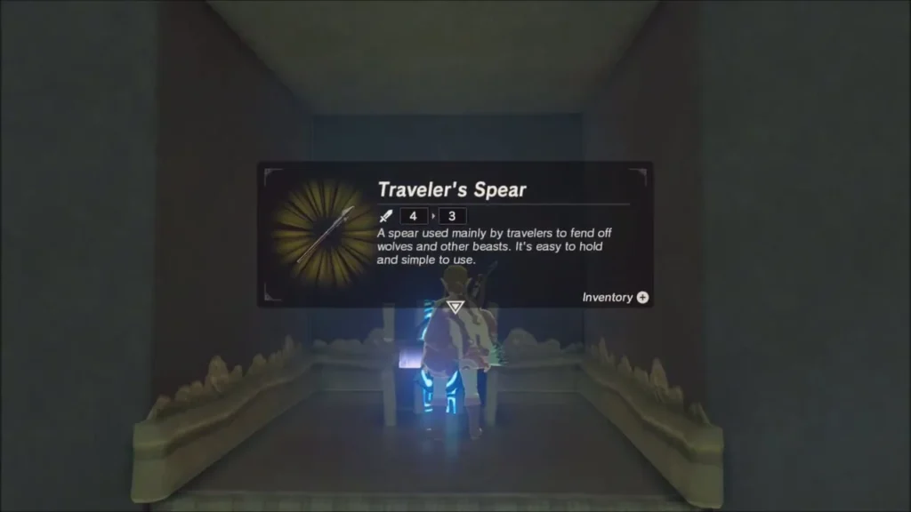 Link receiving the Traveler's Spear from the alcove chest Link receiving the Traveler's Spear from the alcove chest
