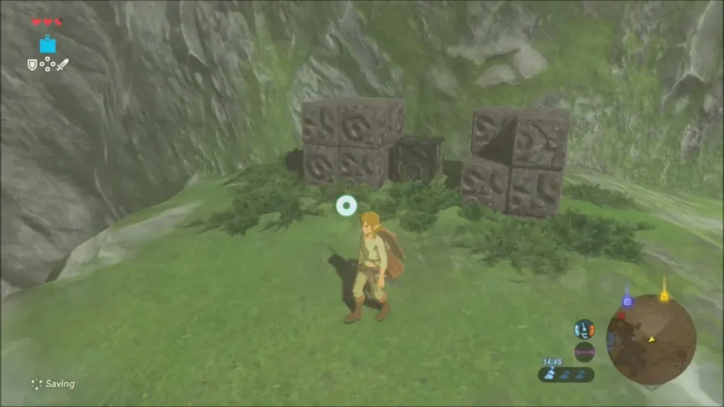 Link on the ledge before two stacks of carved stone blocks Link on the ledge before two stacks of carved stone blocks