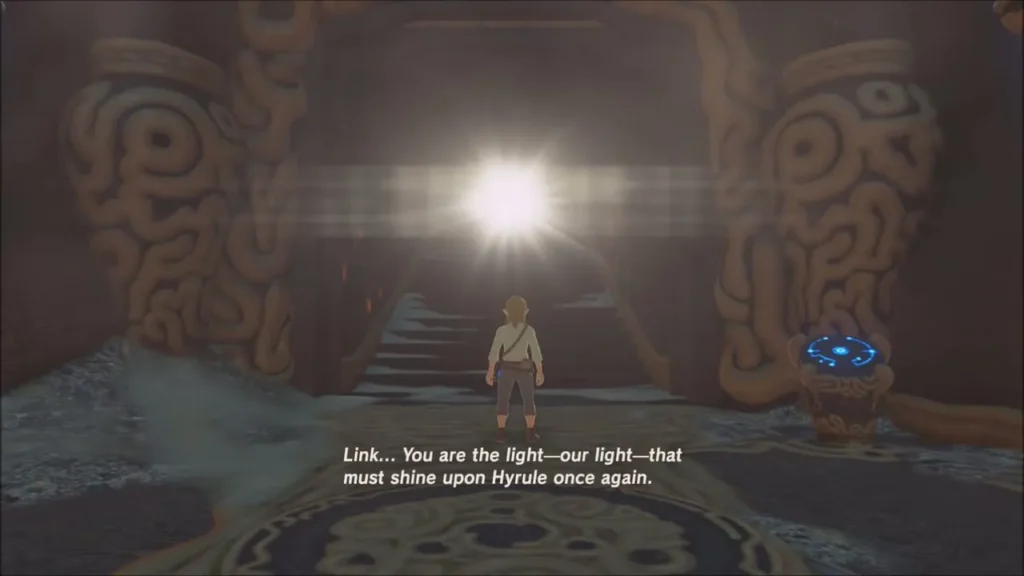 Link at the foot of the stairs as the voice calls him the light of Hyrule Link at the foot of the stairs as the voice calls him the light of Hyrule