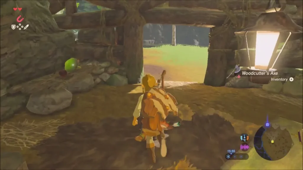 Link picking up the Woodcutter's Axe in the cabin Link picking up the Woodcutter's Axe in the cabin