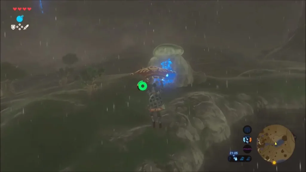Link gliding in rain toward the glowing Sheikah furnace in the woods