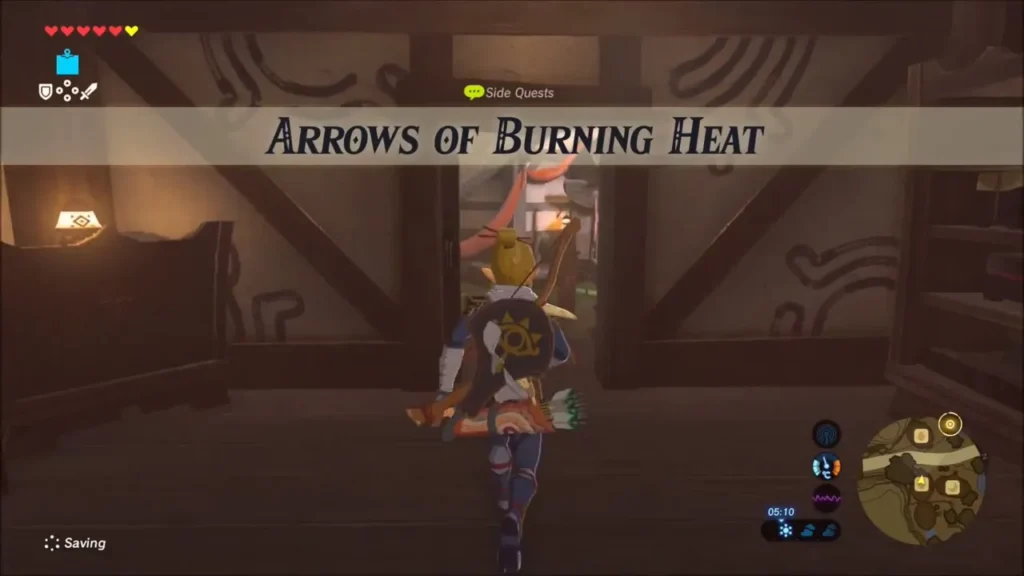 Arrows of Burning Heat quest banner as Link leaves Rola's shop