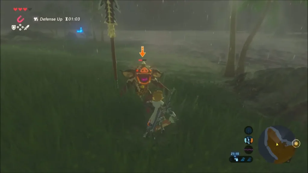 Link fighting a Bokoblin in the rain near the beach camp