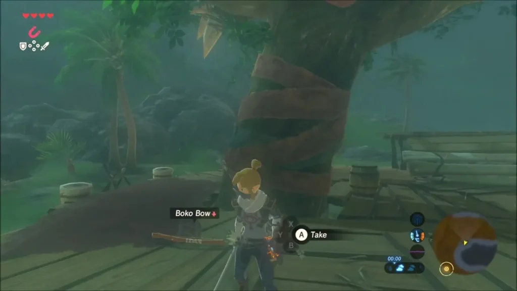 Link about to pick up a Boko Bow on a camp platform