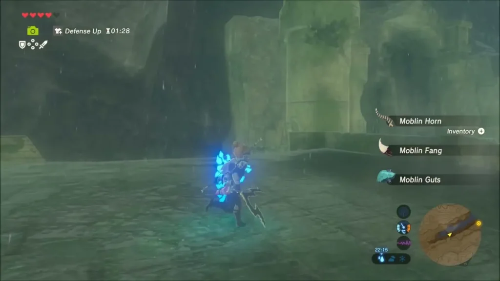 Link with Moblin Horn, Fang and Guts collected on a flooded walkway
