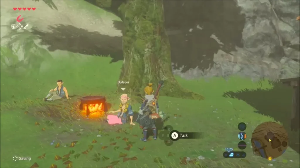 Link walking up to Bolson and Karson resting by a campfire under a big tree