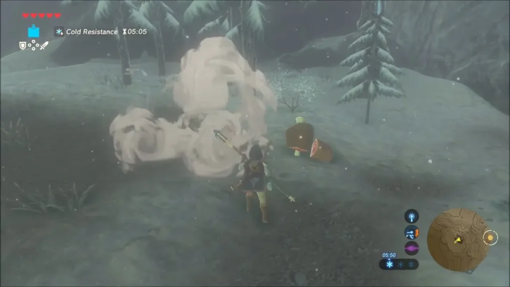 Bomb blast sending up smoke beside Link on a snowy slope