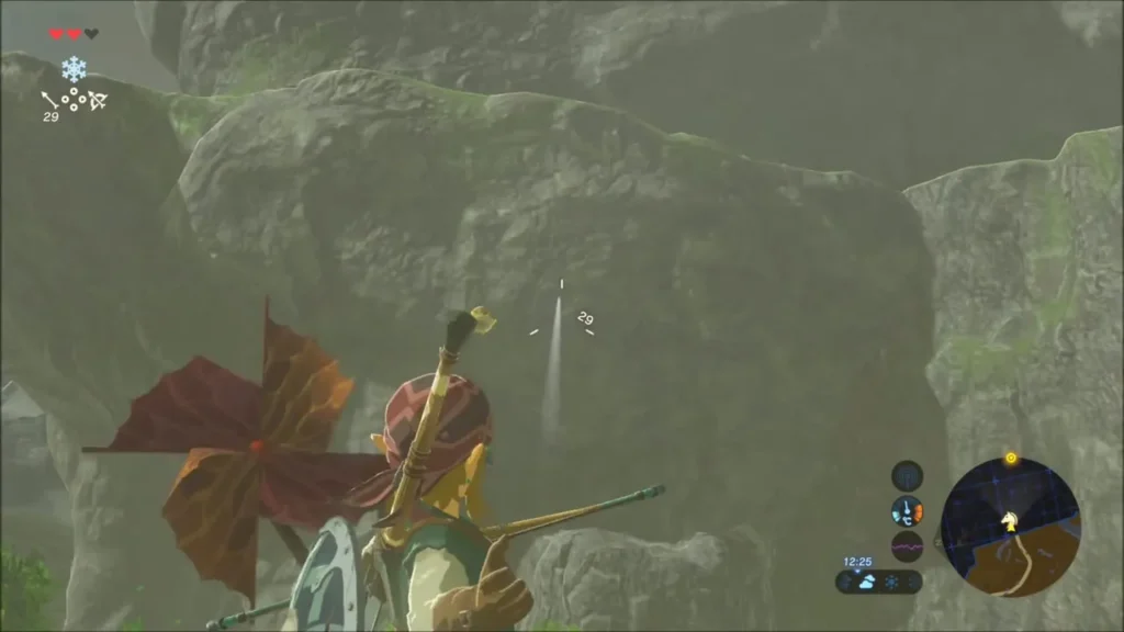 Link drawing his bow at the small target high on the cliff