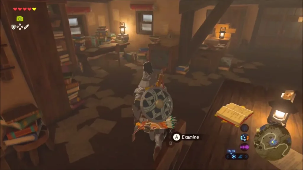 Link walking up to the open Camera Manual on the desk