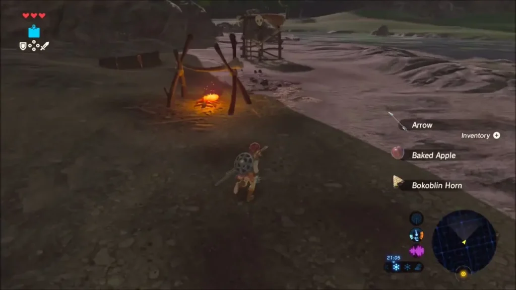 Campfire at the camp with arrows and a Bokoblin Horn picked up