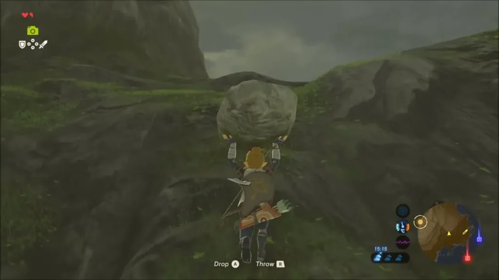 Link carrying a boulder along a grassy ridge