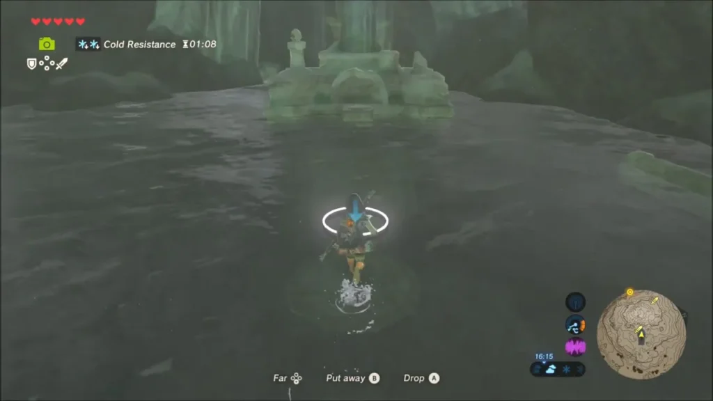 Link carrying Naydra's scale into the pool before the statue
