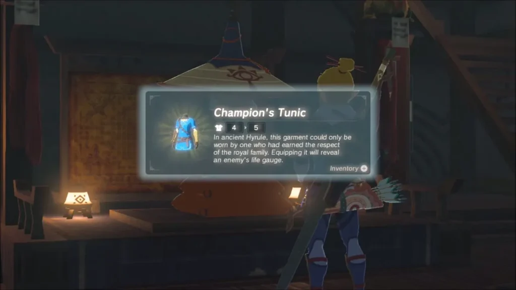 Link receiving the Champion's Tunic from Impa, with its item description box