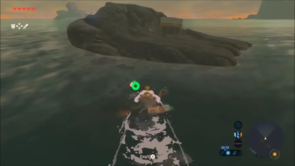 Link on a raft in the bay approaching a chest resting on a dark rock