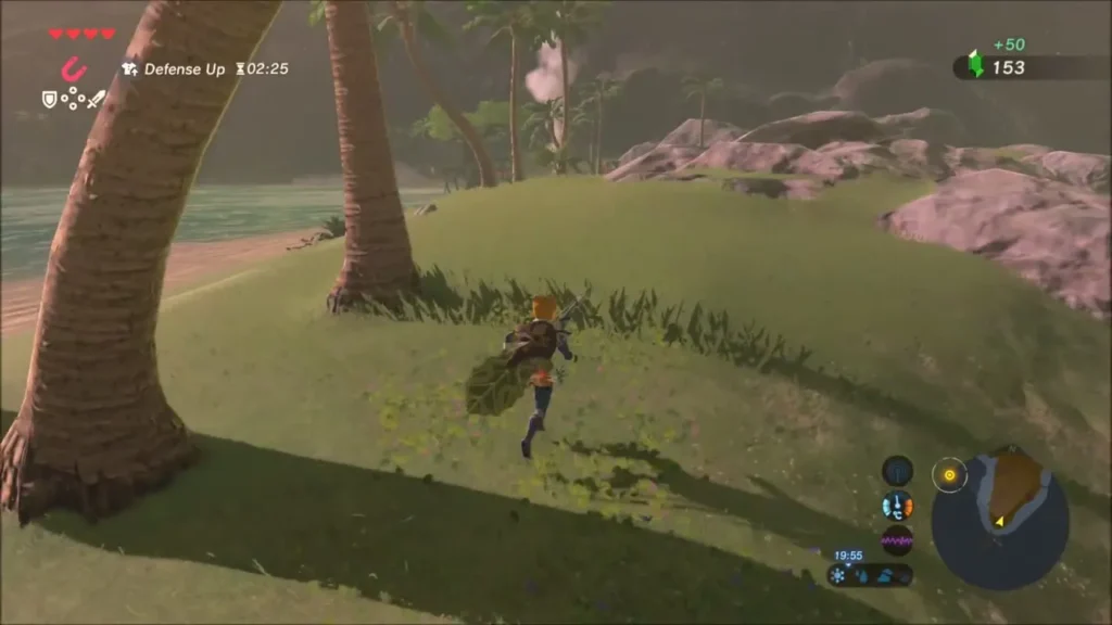 Link running across the grassy point after collecting 50 rupees